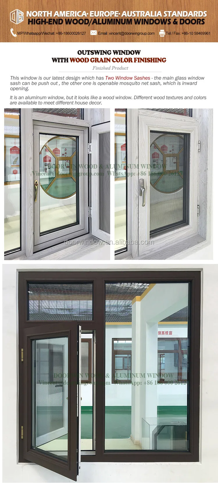 Texas white wholesale shatterproof outswing window with wood grain color finishing  windows with safety glass