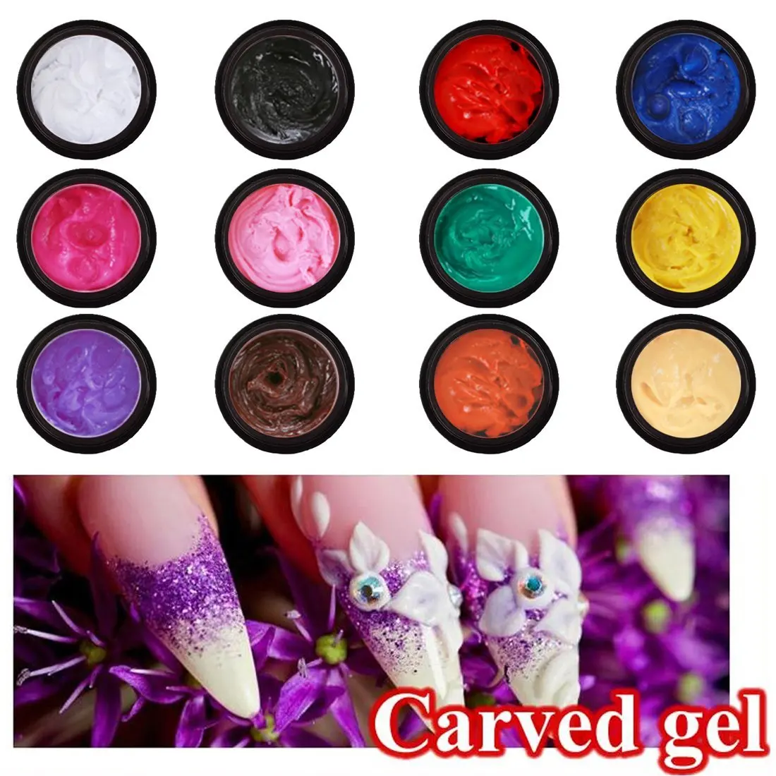 Perfect Summer 12pcs 12 Colors Sculpture Phototherapy Painting Carved Glue Gel Creative Nail Art Modeling Decor New 2016 nail polish 3D UV Gel