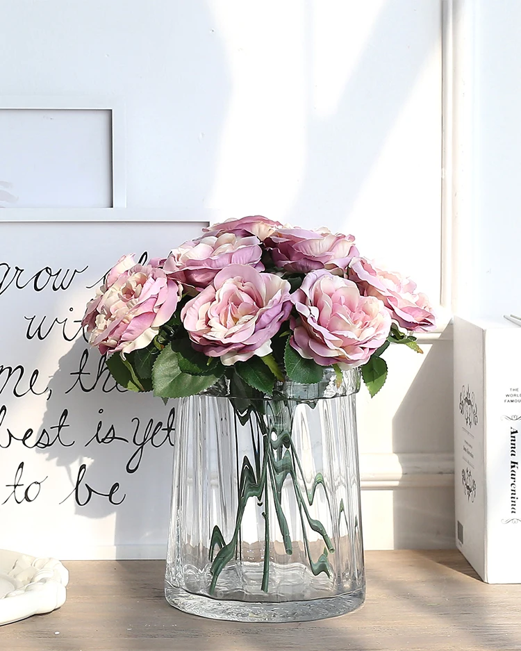 Bixuan Vases Clear Ribbed Handblown Glass Flower Jar Vase Folded Rim