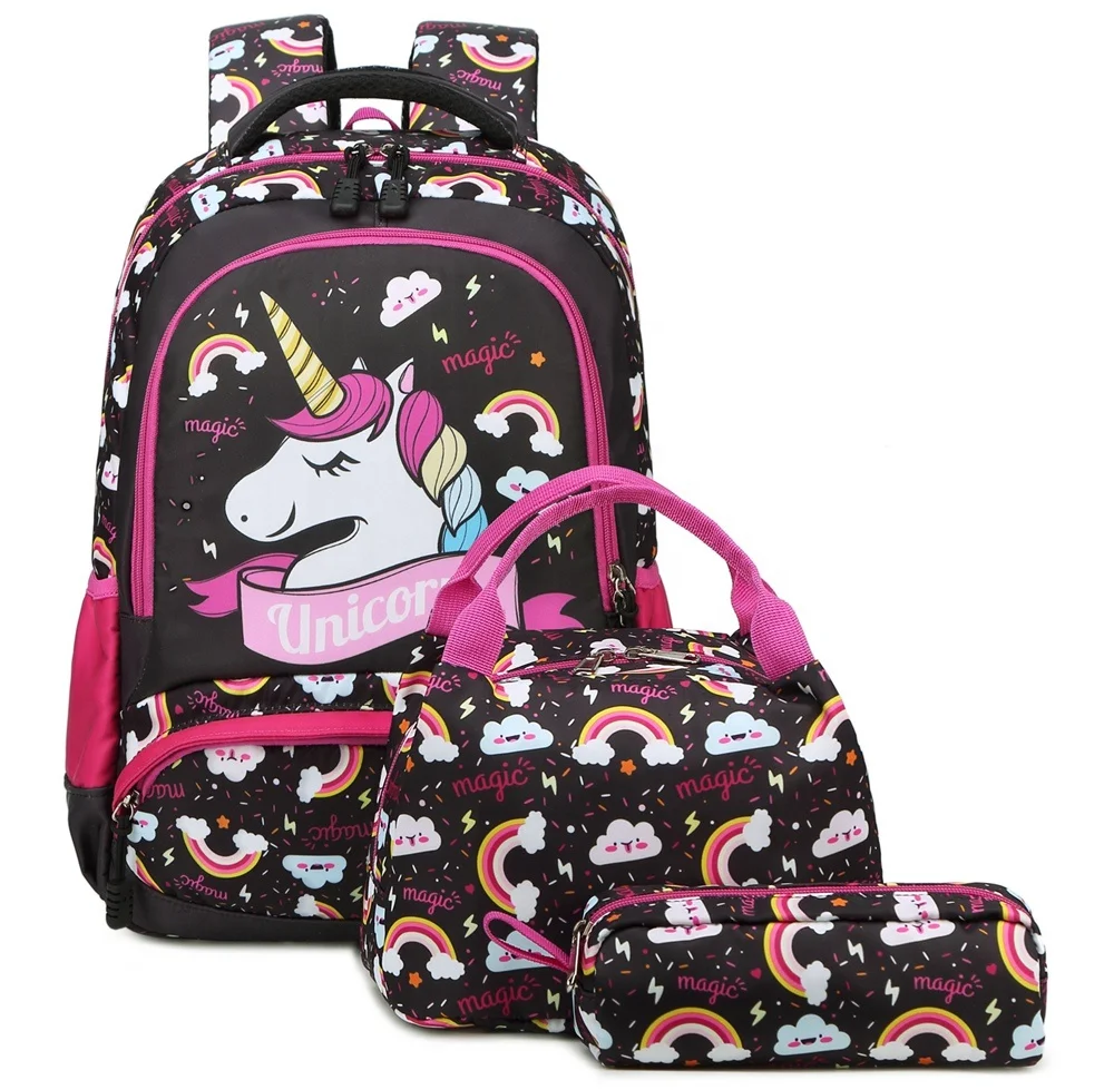 

3 in 1 Lightweight Unicorn Backpack Sets Kids School Bookbag Girls School Backpack, Black,pink and blue