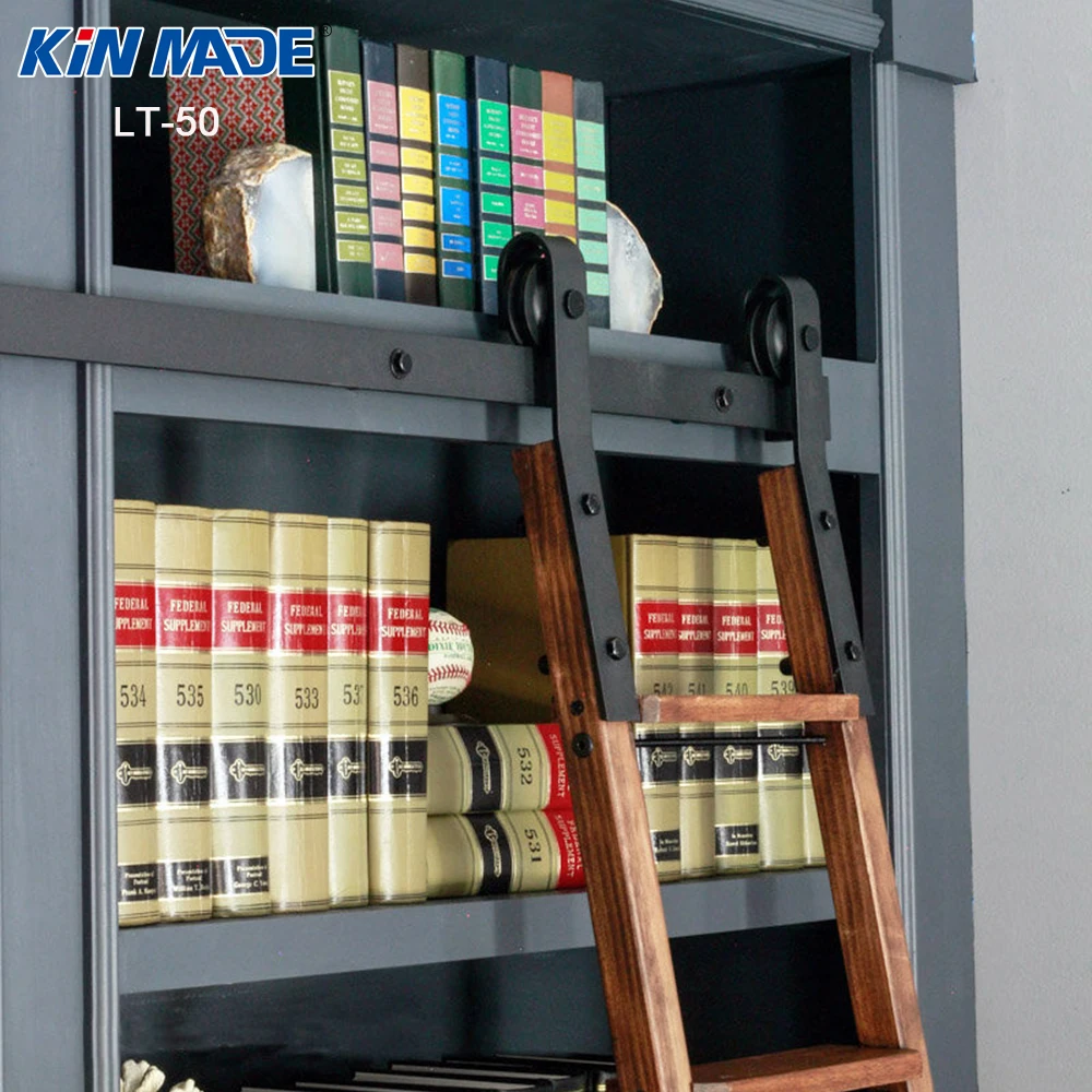Kinmade Black Rolling Ladder Hardware Library Sliding Ladder