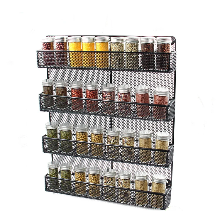 

Kitchen accessories 4 tier black paint wire mesh wall mounted spice rack