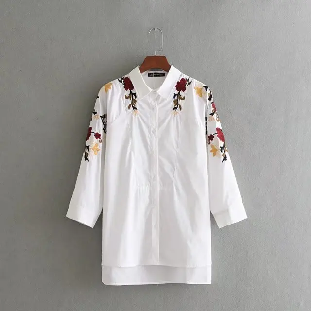 

Long sleeve turn down collar flower embroidered white color designs for women