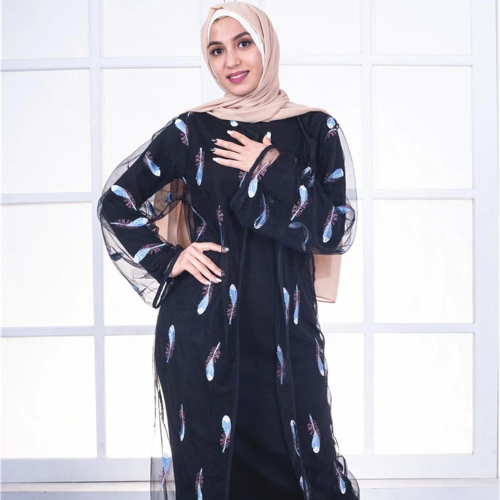 

New feather embroidery nets cardigan abaya muslim dresses dubai, Black