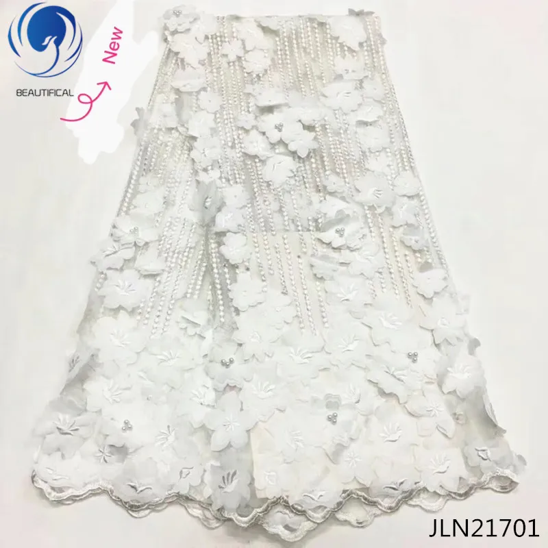 

Beautifical White 3d appliques net lace fabric with beads Latest style nigerian lace tulle lace fabric for wedding JLN217, Can be customized
