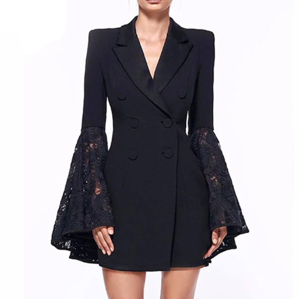 

YSMARKET S-3XL Black White Blazers Women Double Breasted Notched Office Lady Suit Lace Splice Long Sleeve Elegant Plus Size Coat