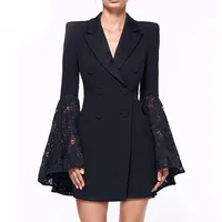 

YSMARKET S-3XL Black White Blazers Women Double Breasted Notched Office Lady Suit Lace Splice Long Sleeve Elegant Plus Size Coat