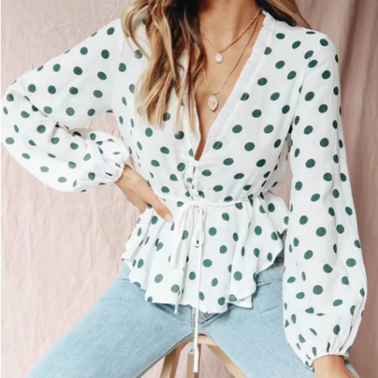 

Autumn stitching polyester fabric polka dot flounced long-sleeved blouses for women