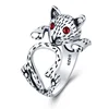 Silver Plated Fortune Cat Shaped Open Ring With Redstone eye