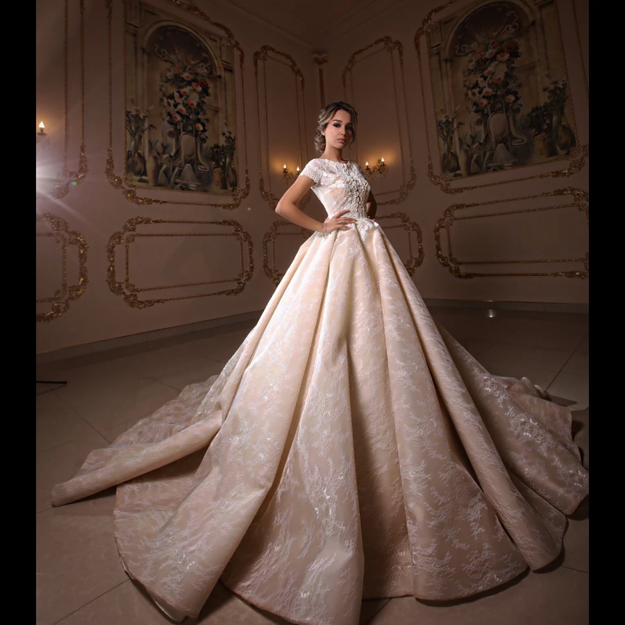Stunning Long Train Overlay Lace Cap Sleeve Ball Gown