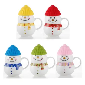 Image of Christmas snowman shape porcelain tea coffee cup with food-grade silicone lid ceramic drink water mugs 10.5oz