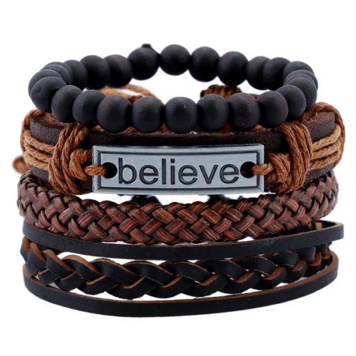 

Wholesale Jewelry Design Handmade Custom Black Braided Wrap Bead Genuine Retro Leather Bracelets, Leather bracelet religious