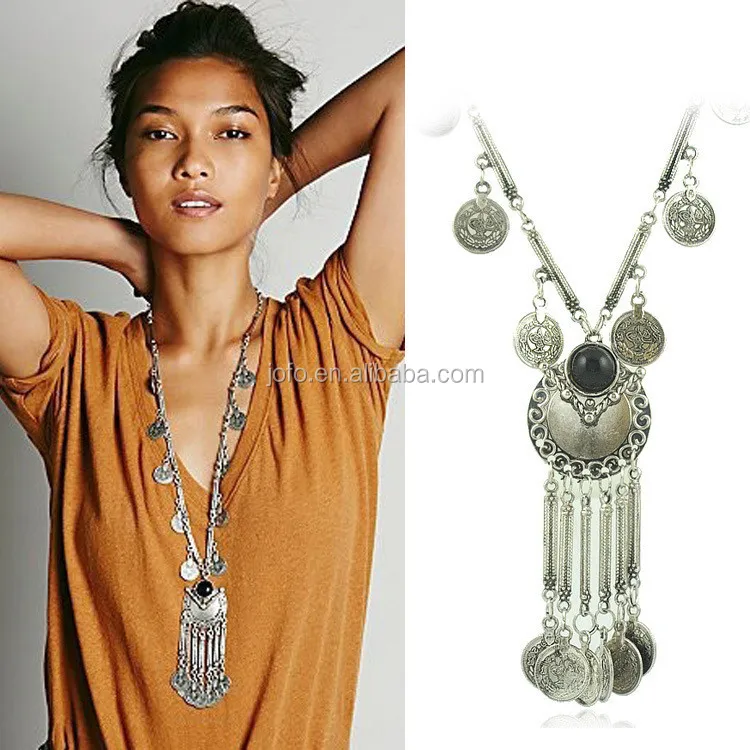 

2015 Trendy Necklace Turkish Ethnic Fashion Silver Plated Statement Heavy Long Tassel Metal Necklace Women Big bijouterie