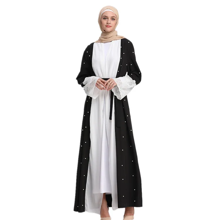 

2018 dubai black abaya modest evening dresses with pearl lace