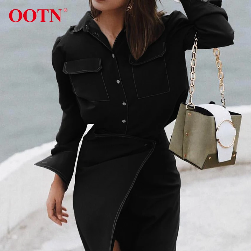 

OOTN Loose Turn Down Collar Pockets Female Casual 2019 New Womens Tops And Blouses Long Sleeve Office Lady Black Shirts Tunic