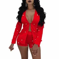 

YSMARKET Beaded Long Sleeve Crop Top And Pant Set Sexy Night Club Wear Women Clothing Shorts Suit Set Two Piece Black White Red
