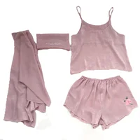 

2019 OEM wholesale summer thin rose patchwork sleepwear cozy silk four piece short satin solid pajamas set for women