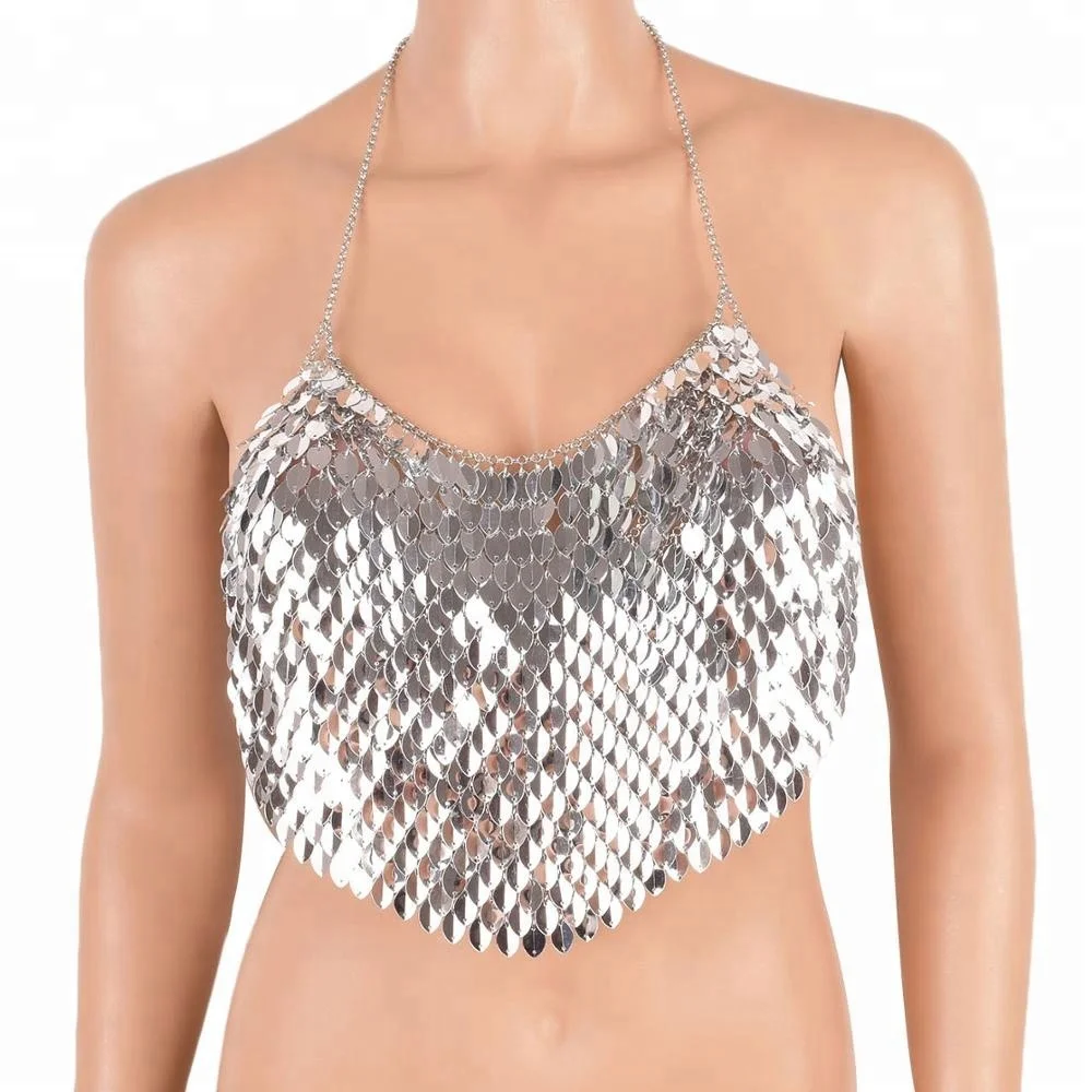 

YOLOMI Sequin Bra Chain Paillette Bikini Body Chain Harness Bra Chain Jewelry 0417B Silver, As the picture