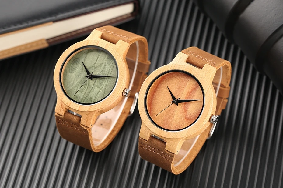 Orologio in legno con quadrante verde chiaro e marrone, minimalista, semplice, in legno, bambù naturale, per uomo e donna, in vera pelle, orologio da regalo Reloj de madera 2017 2018, regali per uomo (24)