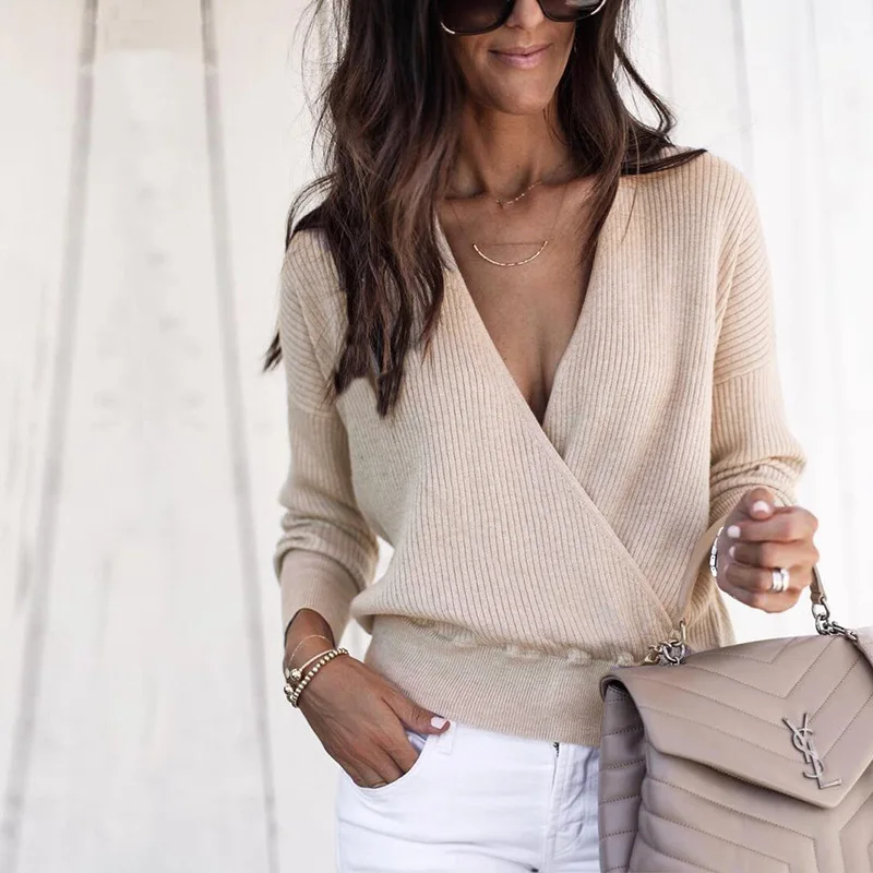 2019 New Arrival  Women's V-Neck Loose Long-Sleeved Knit Sweater Autumn Solid Blouse Pullover Tops