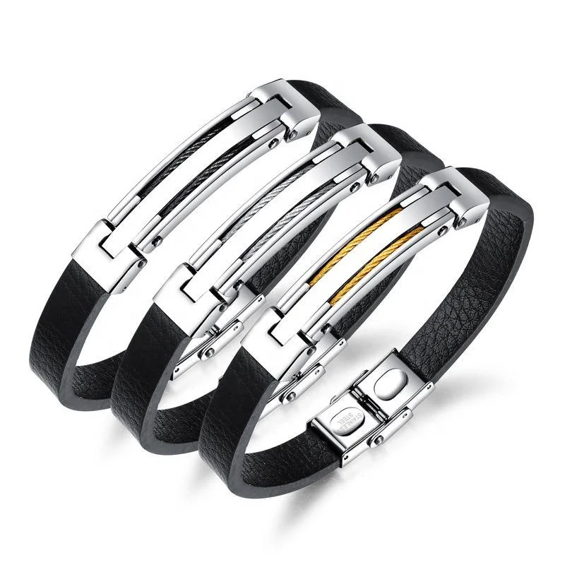 

2020 New Design Fashion Men Bangle Leather 316L Stainless Steel Wire Bracelet, White, black, gold
