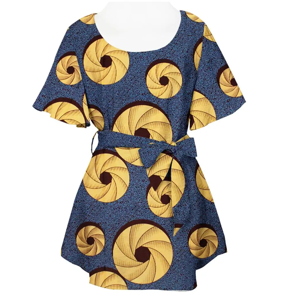 

2018 African Style Shirts Kitenge Fancy Design Women Tops With Sash Summer