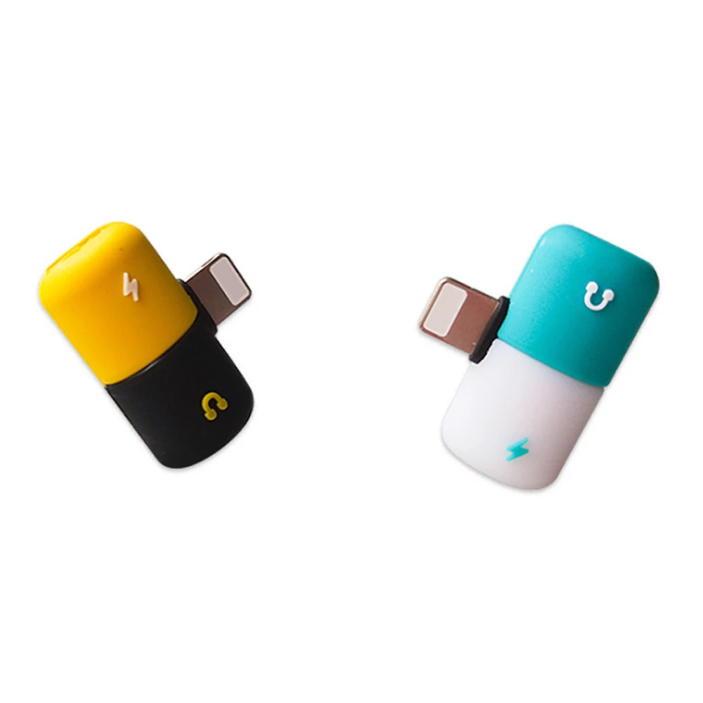 

Mini Fast Charger and audio Adapter 2 in 1 Pill Shape Splitter Adapter for iPhone, Black+yellow/white+blue