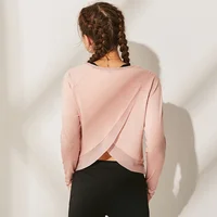 

Pink Split Cross Wrap Fitness T Shirt Thumb Holes Workout Tops Woman Sportswear O neck Long Sleeve Mesh Yoga Shirt Women