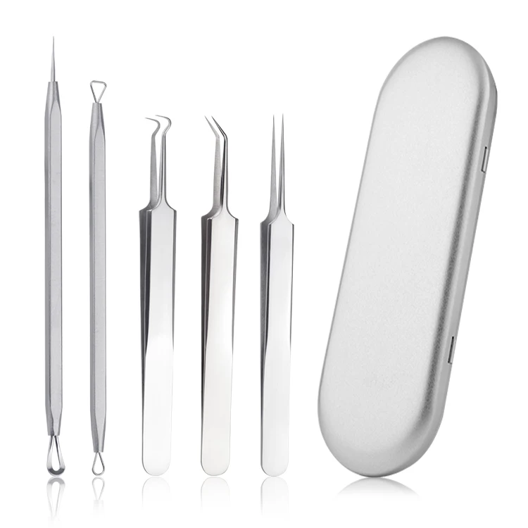 

5pcs Surgical Stainless Steel Blackhead Remover Pimple Comedone Extractor Tool Best Acne Removal Kit In Metal Case, Silvery