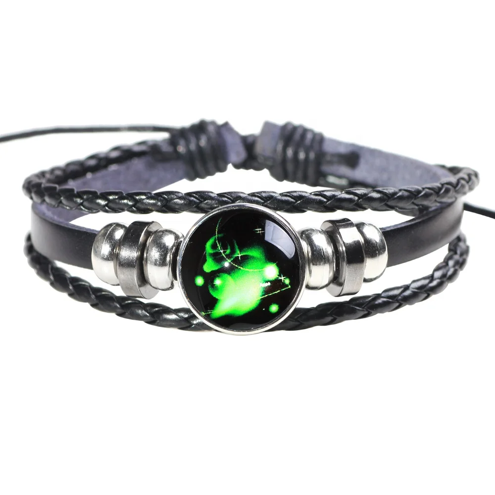 

Hot Sale Fashion 12 Constellations Leather Zodiac Sign with beads Bangle Bracelets For Promotional Jewelry Gift, Black