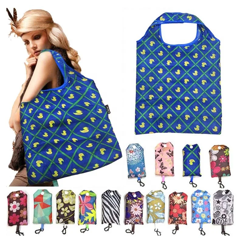 

Wholesale cheap nice design full print 210d polyester foldable shopping bag T shirt nylon tote bag, Customized color