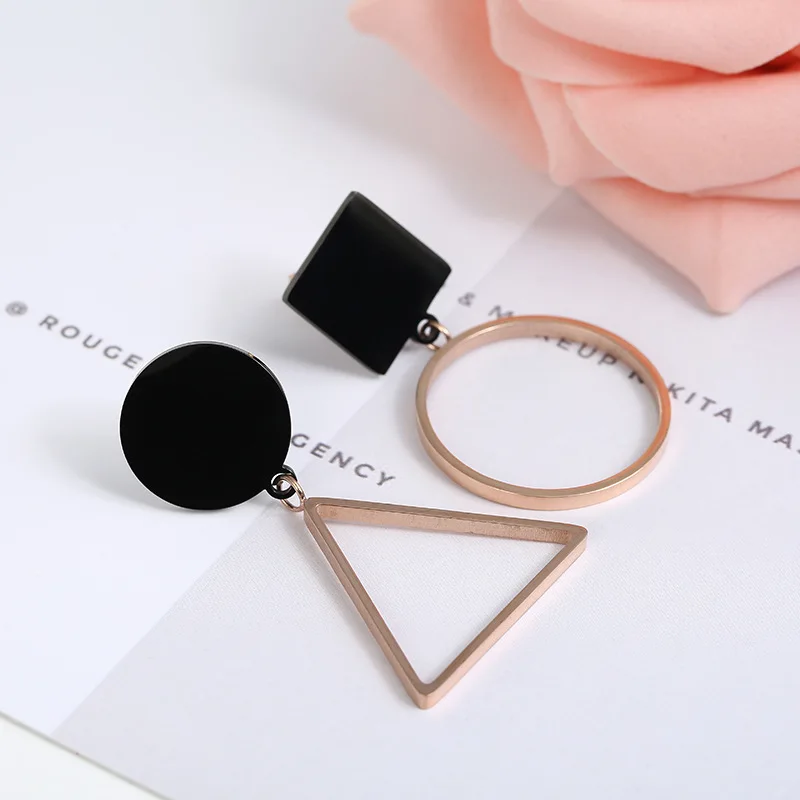 

Women Black Rose Gold Color Asymmetric Stainless Steel Geometric Earrings Fashion Mismatched Circle Triangle Drop Dangle Earring, Rose gold with black