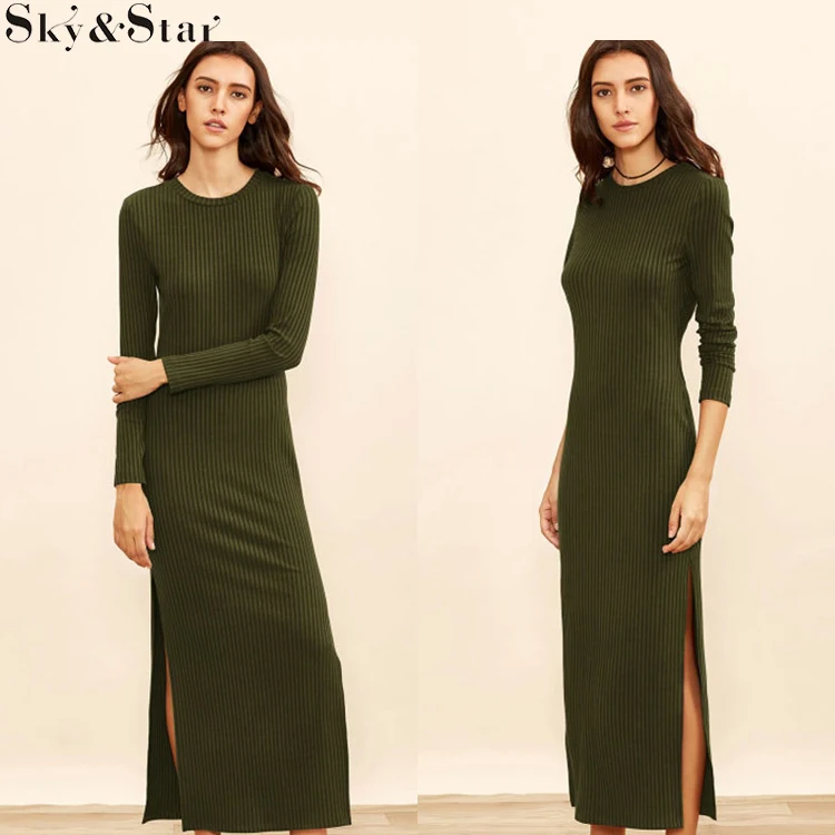 

Army green slim fit long slit sides casual bodycon maxi knitted dresses women, Army green or customized