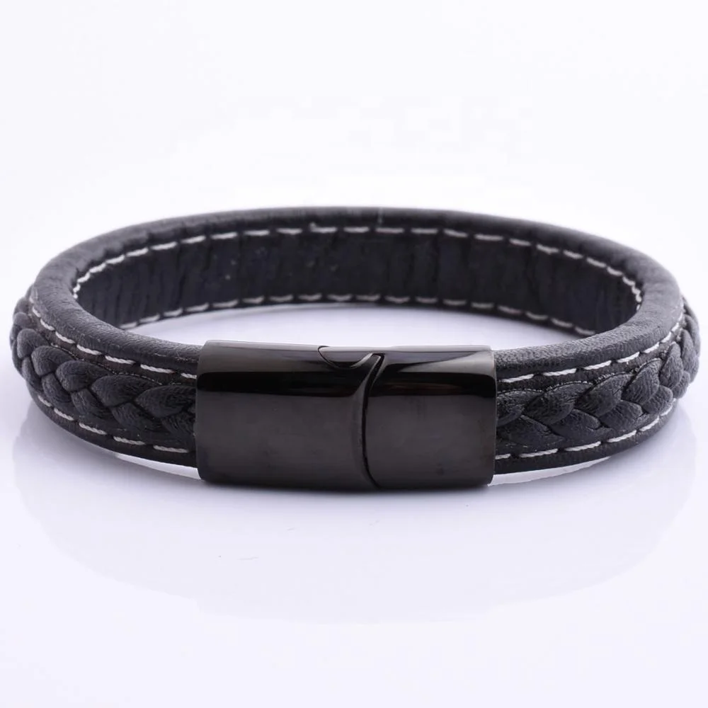 

Handmade Genuine Leather 316L Clasp Stainless Steel Black Fasten Bracelet