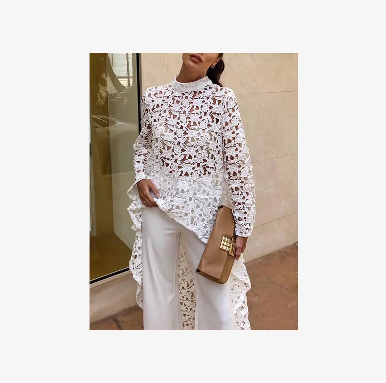 

Fashion Women Blouse Irregular Clothes Female Sexy Hollow Out Lace Long Sleeve Dress Top Quality Asymmetrical Maxi Dress Women, As pictures