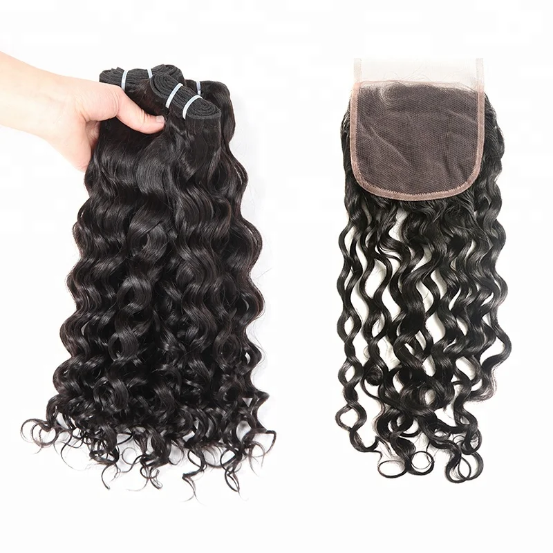 

Wholesale Water Wave Hair 3 Bundles With Closure Indian Virgin Indian Natural Wave Unprocessed Weave Wet And Wavy Human Hair, Natural color