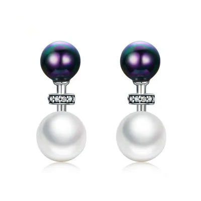 

Fashion Design Black with White Pearl 925 Sterling Silver Stud Earrings for Women