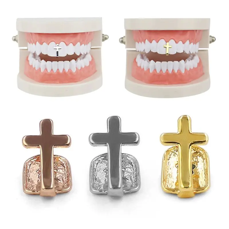 

Wholesale Single Tooth Rock Rapper Cross Grills Tooth Cap Teeth Decor HipHop Body Jewelry, Gold,silver,rose gold