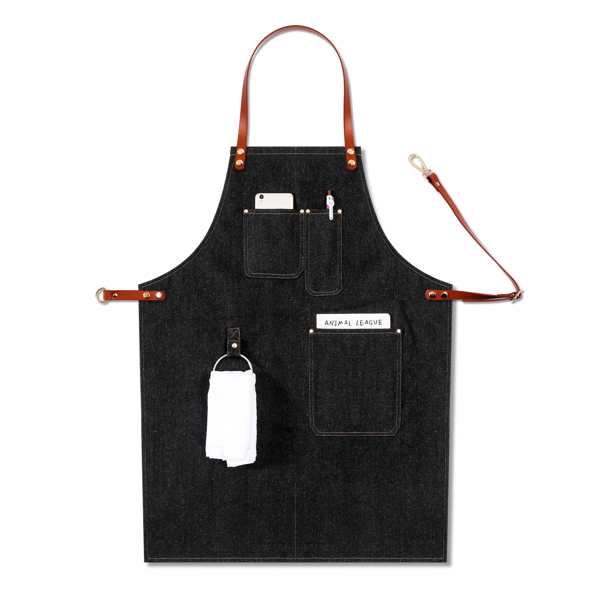 Custom Logo Leather Straps Combine Aprons With Pockets Denim Barber Apron