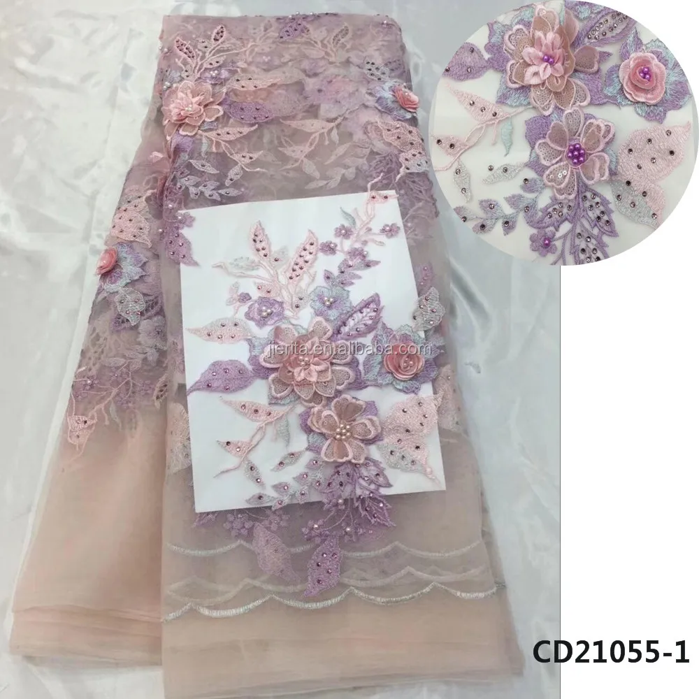 

CD21055-1 Luxury patterns 3d flower applique tulle lace fabric with beads for evening party, Wine;red;white;royal blue etc.