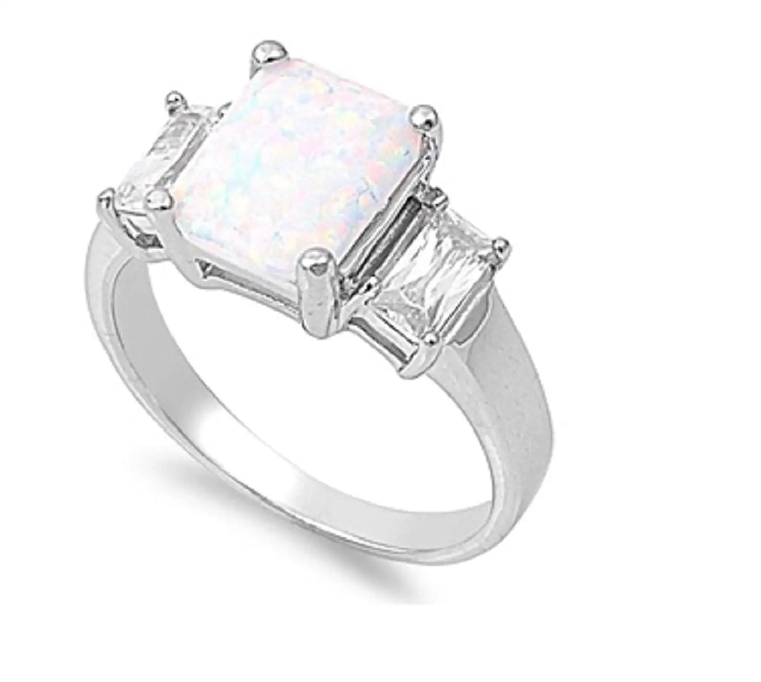CloseoutWarehouse Rectangular Center Cubic Zirconia Simulated Opal Ring 925 Sterling Silver