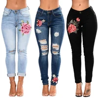 

S~5xl Women Stretch High Waist Skinny Embroidery Jeans Ripped Woman Floral Holes Denim Pencil Pants Trousers