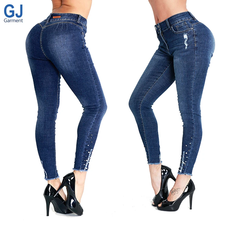 

Fashion Wholesale Mid High Waist Colombian Colombiano Style Butt lift Push Up Women Denim Mujeres Stretch Pantalon Jeans, Blue