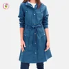 fashion length Muted blue colour Draw string hood women raincoat zipper front trench coats