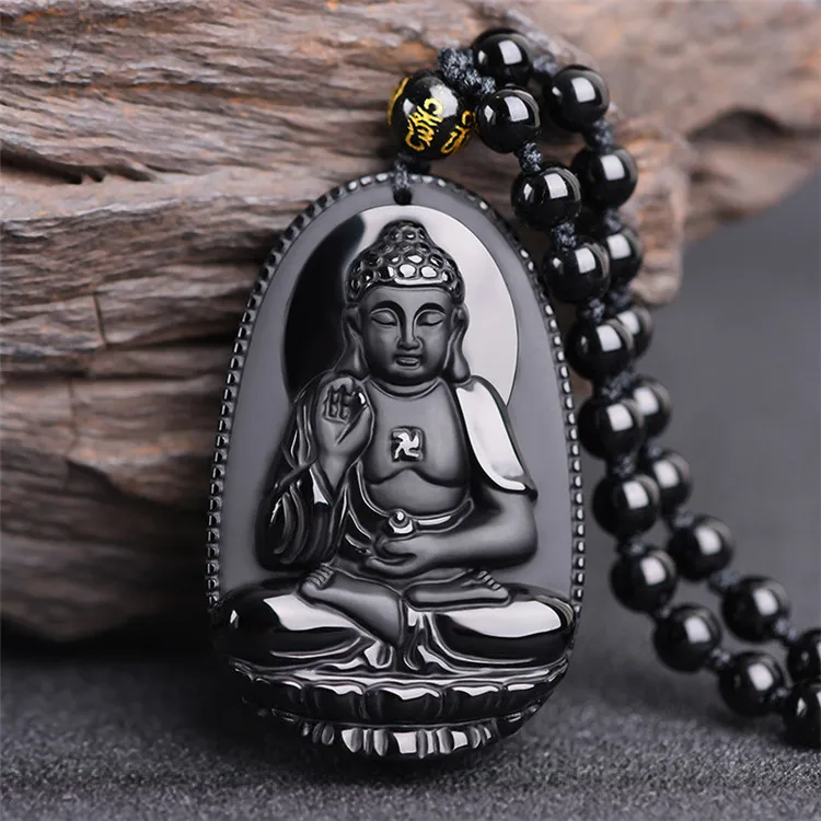 

Natural Obsidian Lucky Amulet Buddha Necklace Pendant Natural Stone Long Bead Necklace Chain, Black