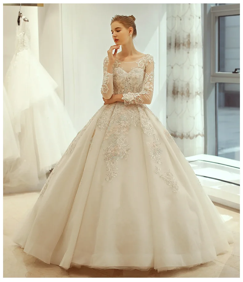 

Luxury Champagne Lace Wedding Dress Ball Gown Long Sleeves Bridal Gown 2018 Dresses Bride
