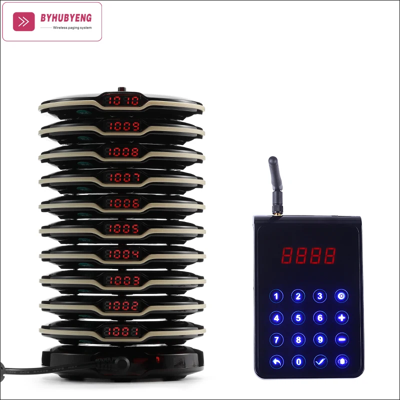 

BYHUBYENG 10pcs Pagers 1 Charging Base Coaster Pager Restaurant Buzzer System CE FCC FM 3 km Accept Customized Pager System, Wine red/black