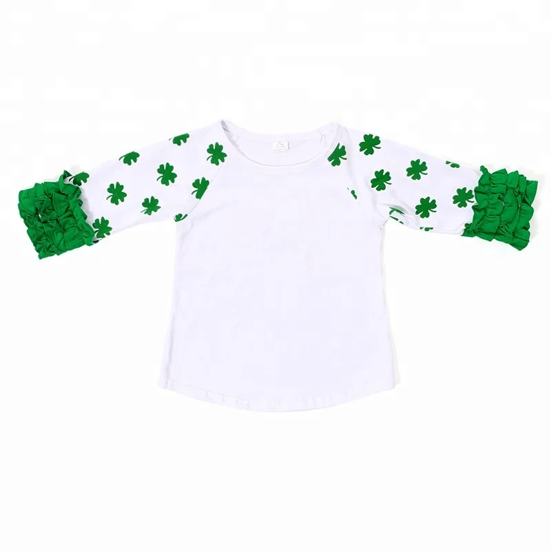 

Four Leaves Printed Kids Raglan Shirts Wholesale Cotton Baby Girl Ruffle Raglan Shirts For ST Patrick's Day, As the picutres show