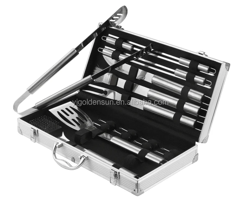 Stainless steel bbq grill tool spatula tong fork 18pcs bbq tool with aluminum carry case