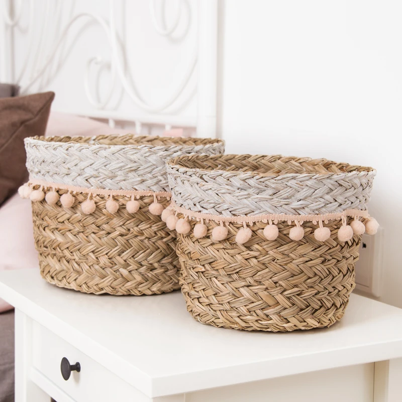 

Handmade housekeeping decorative linen children toy gift laundry bin natural straw round basket bag storage made of seagrass, As photo